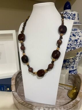 Chunky Brown Stone Long Necklace with Tiger Eye Chip Beads and Brown Accents